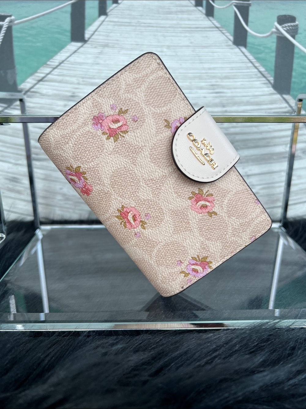 Coach Beige Pink Floral Small Wallet with White Snap